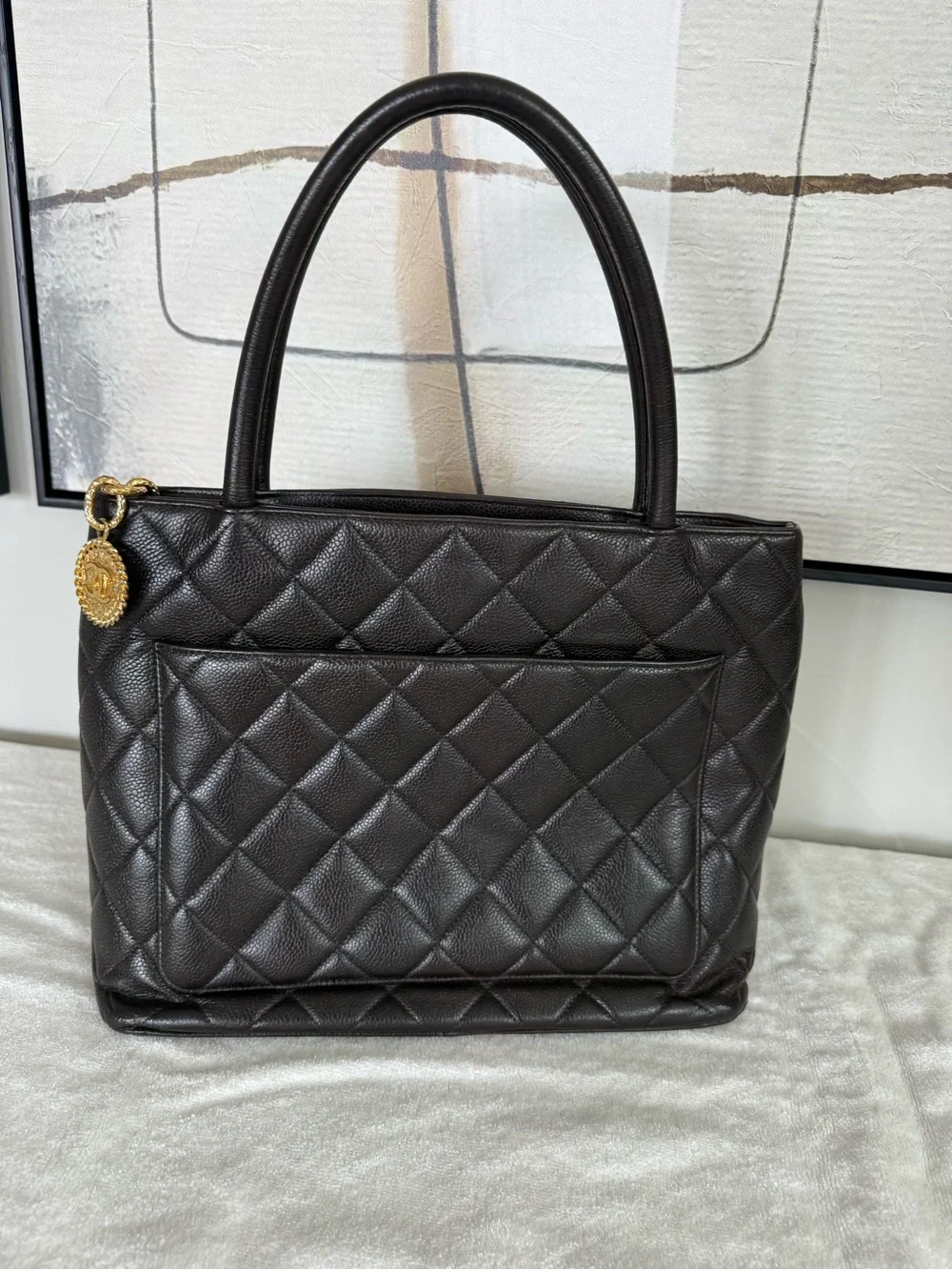 Chanel Vintage Medallion Tote Dark Brown Caviar Leather Gold Hardware